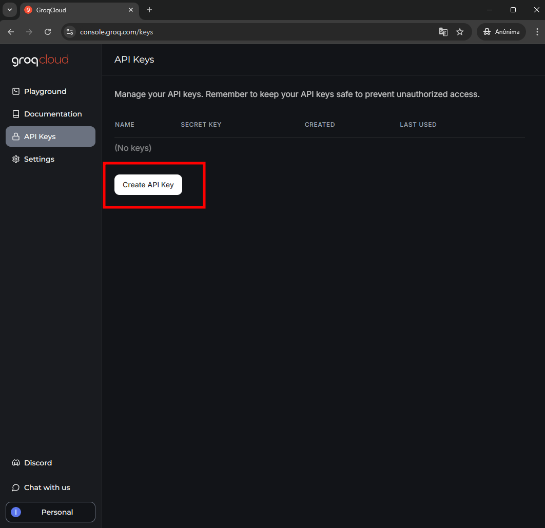 Imagem do botão Create API Key destacado