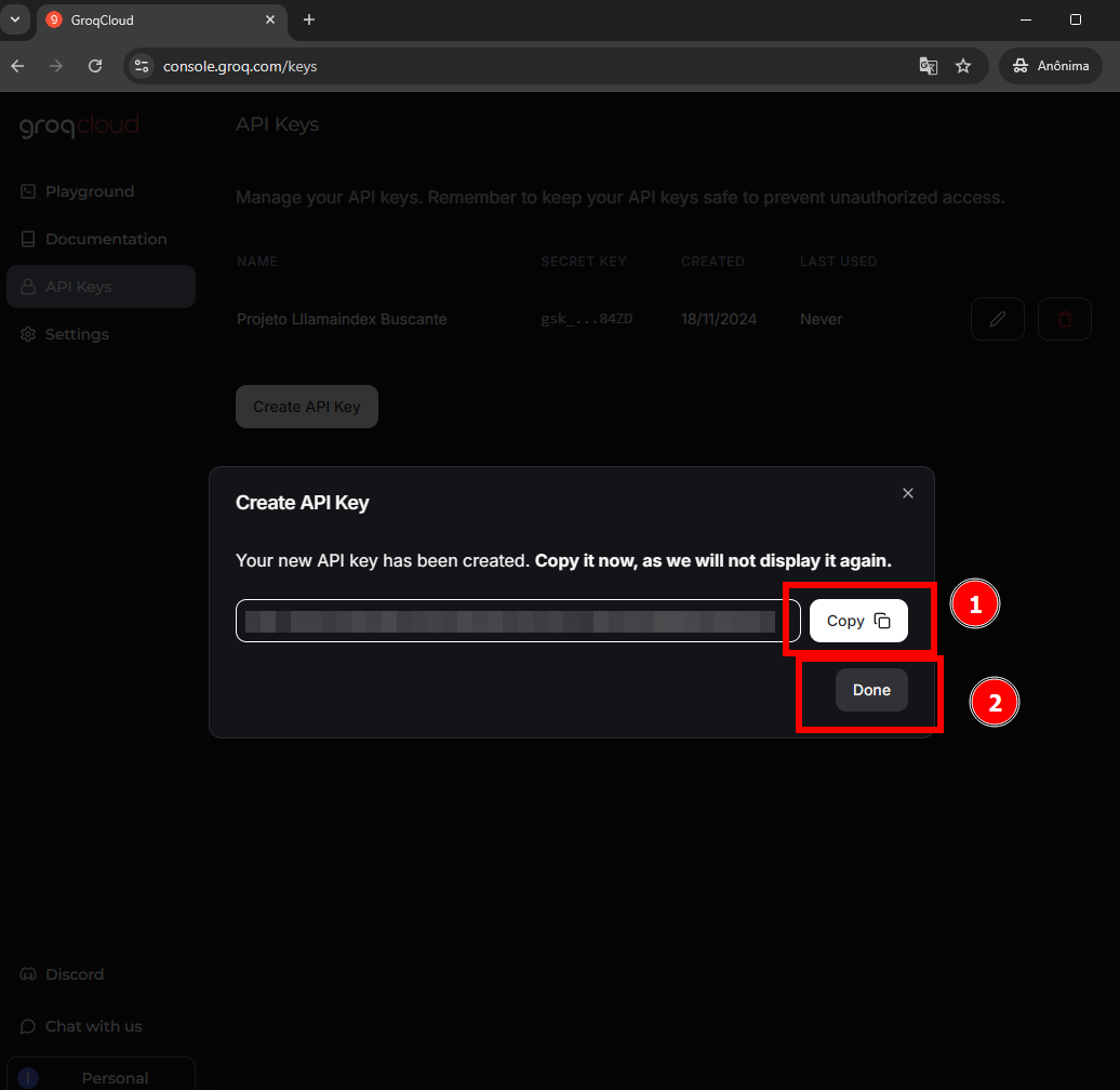 Imagem da janela com a API Key gerada e o botão Done destacado