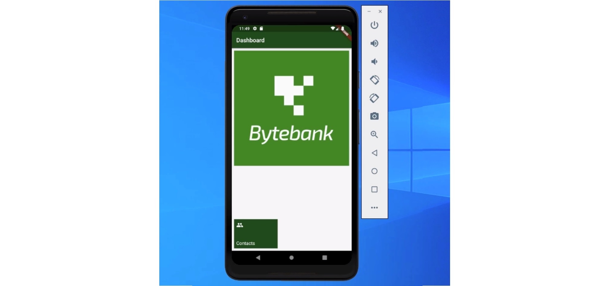 Dashboard ou tela inicial do aplicativo Bytebank em um celular com painel lateral de ferramentas de visualização