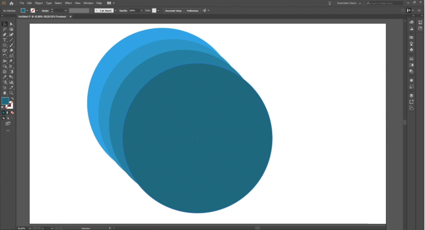 Adobe Illustrator aberto com uma imagem colorida em fundo branco contendo uma sequência de quatro círculos sobrepostos que vão de um azul claro a um azul escuro.