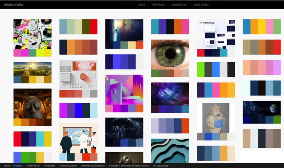 Interface do site do Adobe Color aberto com o resultado da busca "space" contendo vários exemplos de imagens com suas respectivas paletas de cor.