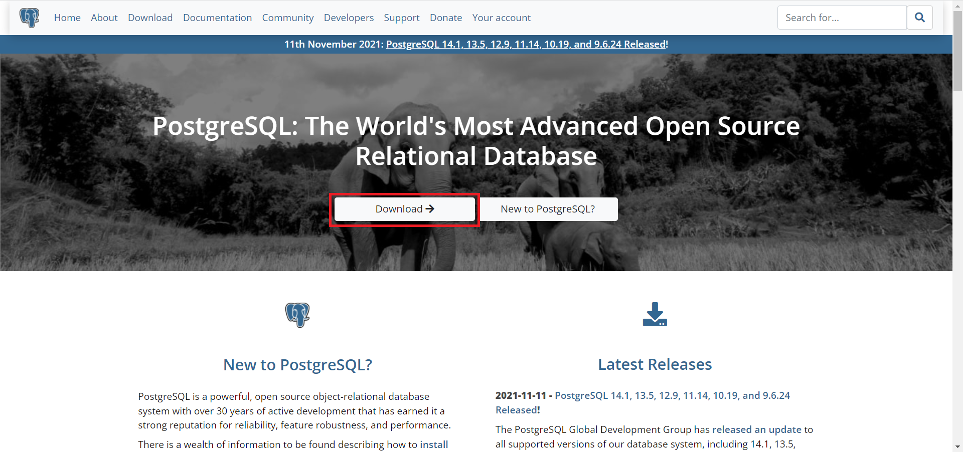 Página inicial do PostgreSQL com o botão de download destacado com um retângulo vermelho