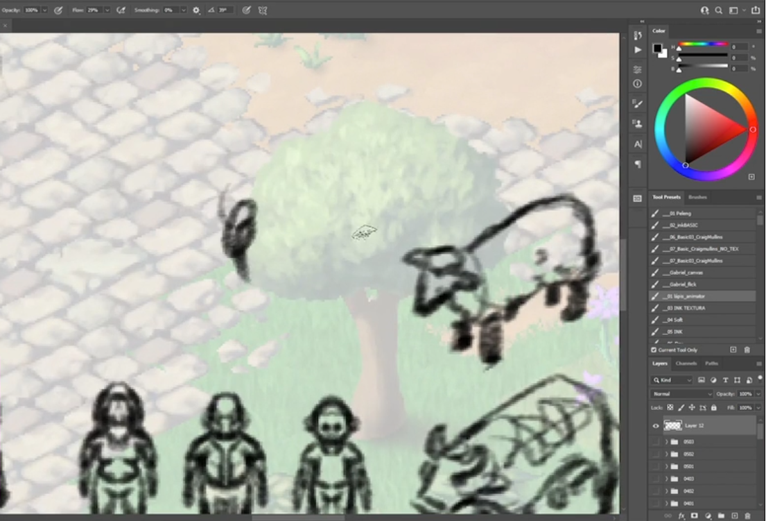 Imagem com o print do Photoshop aberto contendo esboços dos personagens feitos com a ferramenta lápis sobre o fundo transparente do cenário do jogo.