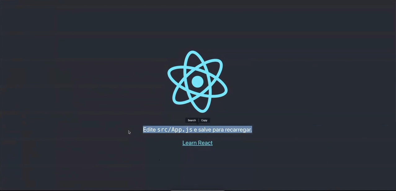 Página da web. Fundo cinza escuro com um ícone de átomo de cor azul clara centralizado. Abaixo do átomo o texto "Edit src/App.js e salve para carregar." em branco. Abaixo dele, "Learn React" está escrita e sublinhado por uma fina linha azul com as mesmas cores do ícone.
