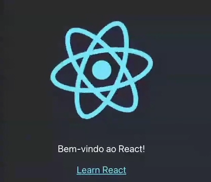 Página da web. Fundo cinza escuro com um ícone de átomo de cor azul clara centralizado. Abaixo do átomo o texto "Bem-vindo ao React!" em branco. Abaixo dele, "Learn React" está escrita e sublinhado por uma fina linha azul com as mesmas cores do ícone.