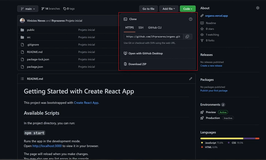 Menu com opções de "Clone" em destaque na página do GitHub