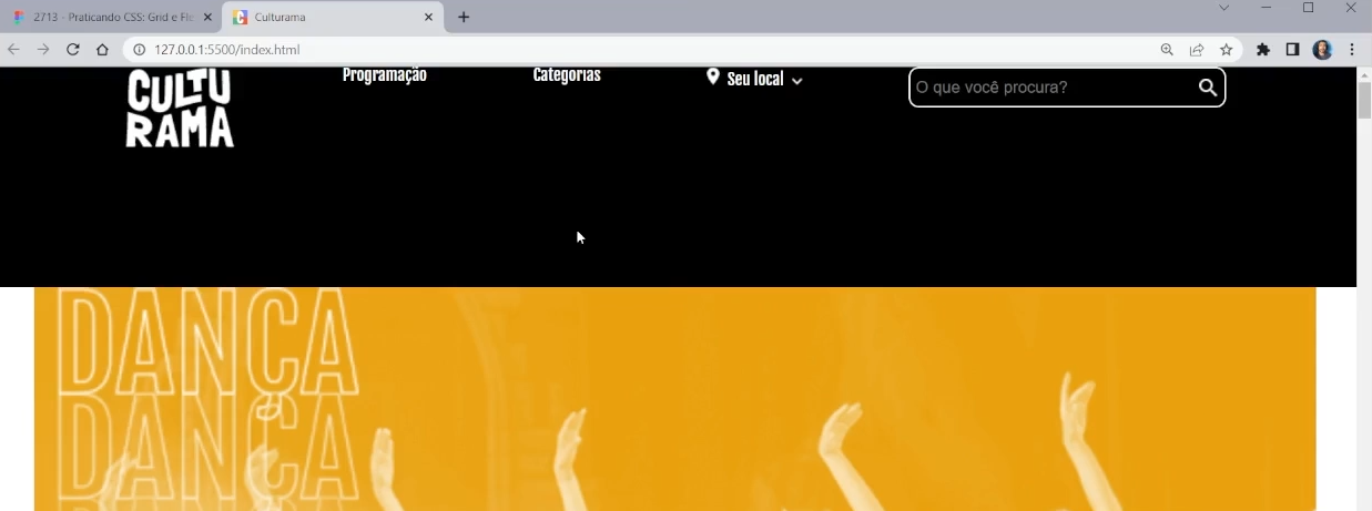 Cabeçalho da interface do projeto em desenvolvimento "Culturama" na versão para desktop. Os elementos estão alinhados lado a lado no topo da página, com um grande espaçamento entre eles.
