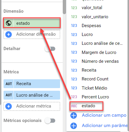 Captura de tela das abas de configuração e de dados do Looker Studio, com fundo branco. Na esquerda, na aba de configurações, temos as áreas de Dimensão, com o campo de “estado” destacado com um retângulo vermelho, e Métrica, com os campos selecionados. Na direita, temos os campos da tabela, com o campo de estado destacado com um retângulo vermelho.