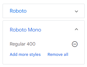 Captura de tela do site “google fonts” com os dados da fonte “roboto” e “roboto mono”.