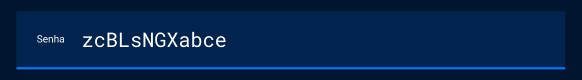 Captura de tela do projeto no navegador com a cor de fundo azul escuro, um campo de texto com o título “Senha” e o texto “zcBLsNGXabce”.