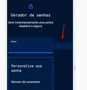 Captura de tela do projeto no navegador com a cor de fundo azul escuro, o título “Senha”, seguido da nova seção de conteúdo. A nova seção possui os títulos “Personalize sua senha”, “Número de caracteres”. A ilustração enfatiza o erro de layout no campo de senha.