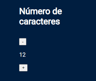Captura de tela do projeto no navegador com a cor de fundo azul escuro, o título “Número de caracteres”, seguido de um botão “-”, o texto “12” e o botão “+”. A imagem enfatiza a criação dos botões, porém não estão estilizados de acordo com o padrão.