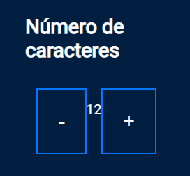 Captura de tela do projeto no navegador com a cor de fundo azul escuro, o título “Número de caracteres”, seguido de um botão “-”, o texto “12” e o botão “+”. A imagem enfatiza os botões “-” e “+” já estilizados de acordo com o padrão, com fundo azul marinho e contorno azul royal.