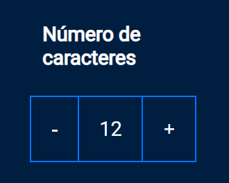 Captura de tela do projeto no navegador com a cor de fundo azul escuro, o título “Número de caracteres”, seguido de um botão “-”, o texto “12” e o botão “+”. A imagem enfatiza os botões “-” e “+” e texto “12” já estilizados de acordo com o padrão, com fundo azul marinho e contorno azul royal.