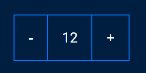 Captura de tela do projeto no navegador com a cor de fundo azul escuro, um botão “-”, o texto “12” e o botão “+”. A ilustração enfatiza o cursor do mouse que muda de “seta” para “mão” quando passa pelos botões, indicando que podem ser clicados.