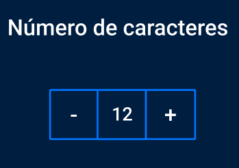 Captura de tela do projeto no navegador com a cor de fundo azul escuro, o título “Número de caracteres”, seguido de um botão “-”, o texto “12” e o botão “+”.