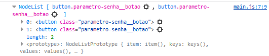 Captura de tela do console do navegador indicando a lista “Node List” com os botões 0 e 1, suas respectivas clases “parametro-senha__botao”e a escrita “length”, indicando o comprimento da lista.