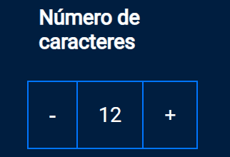 Gif do projeto no navegador com a cor de fundo azul escuro, o título “Número de caracteres”, seguido de um botão “-”, o texto “12” e o botão “+”. A ilustração enfatiza que números maiores que 20 não aparecem no visor.