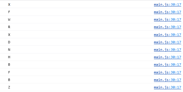 Captura de tela do console exibindo as letras em sequência: X, F, W, R, X, D, N, H, B, F, B, Z.