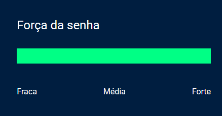 Captura de tela do projeto no navegador com a cor de fundo azul escuro, o título “Força da senha” e uma barra de indicação dos valores “fraca”, “média”, “forte”. A barra possui cor verde e está indicando “forte”.