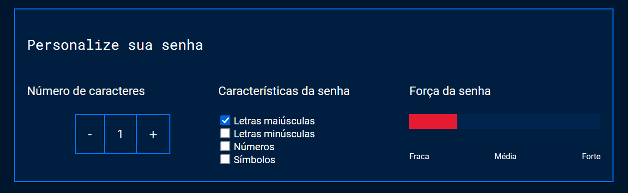 Gif do projeto no navegador com a cor de fundo azul escuro, o título “Personalize sua senha” e três blocos agrupados em linha. O primeiro bloco contém o título “Número de caracteres” e um botão “- 12 +”, o segundo bloco contém o título Características da senha e um checklist com os textos: “Letras maiúsculas”, “letras minúsculas”, “Números”, “símbolos”. O terceiro bloco contém o título “Força da senha” e uma barra de indicação dos valores “fraca”, “média”, “forte”. A ilustração enfatiza a regra: para números menores que 5, a cor da barra será vermelho. Para números entre 6 e 11, a cor da barra será amarelo, para números entre 12 e 26, a barra será verde”.