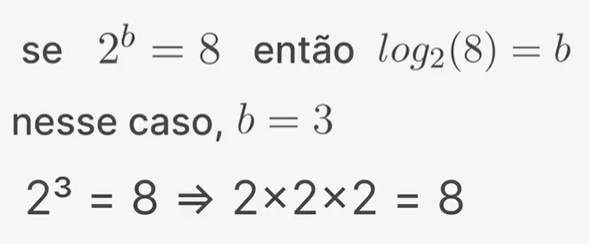 Captura de tela do texto referente à operação matemática que relaciona a potência de 2 elevado a 'b' com o logaritmo na base 2 de 8. Nesse exemplo, b é igual a 3, demonstrando que 2 elevado a 3 resulta em 8, o que é o mesmo que multiplicar 2 por 2 três vezes, totalizando 8