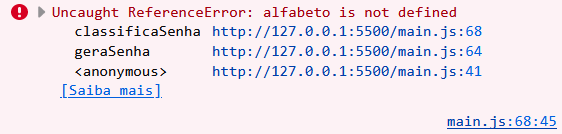 Captura de tela do console no navegador exibindo um erro, seguido do texto: Uncaught ReferenceError: alfabeto is not defined. A ilustração indica que há um erro no console pois “alfabeto” não está definido.