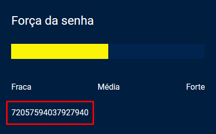 Captura de tela do projeto no navegador com a cor de fundo azul escuro, o título “Força da senha”, uma barra de indicação dos valores “fraca”, “média”, “forte” e uma sequência de números. A ilustração enfatiza que a sequência de números está indicando a entropia da senha.