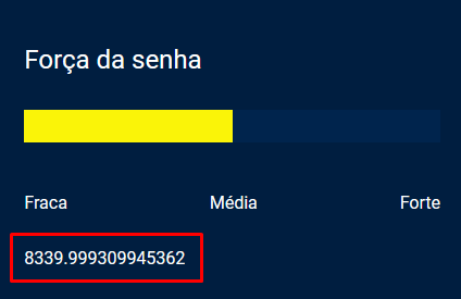 Captura de tela do projeto no navegador com a cor de fundo azul escuro, o título “Força da senha”, uma barra de indicação dos valores “fraca”, “média”, “forte” e uma sequência de números. A ilustração enfatiza o extenso número da sequência que está indicando a entropia da senha.