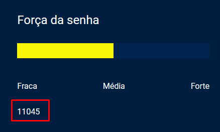 Captura de tela do projeto no navegador com a cor de fundo azul escuro, o título “Força da senha”, uma barra de indicação dos valores “fraca”, “média”, “forte” e uma sequência de números. A ilustração enfatiza a sequência de números: 11045.