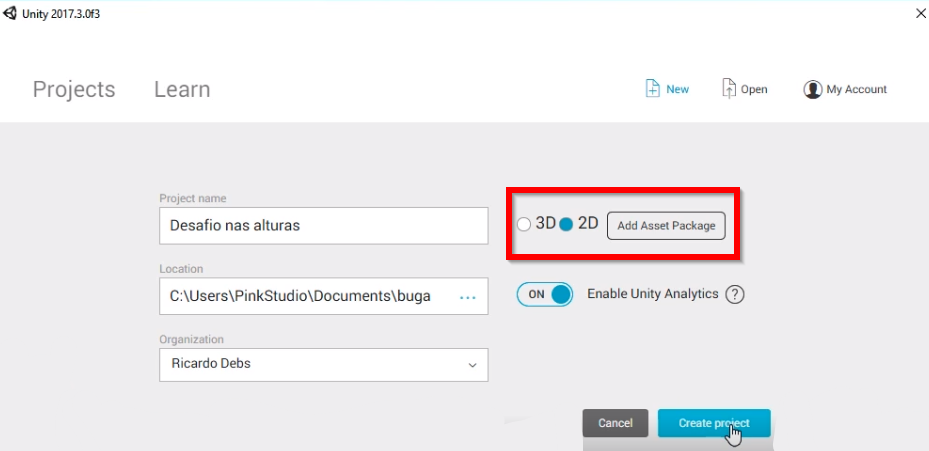 2d - painel de configurações do Unity com opção de "2D" e "3D" destacadas. Outros campos disponíveis são "Project Name", "Location" e "Organization"