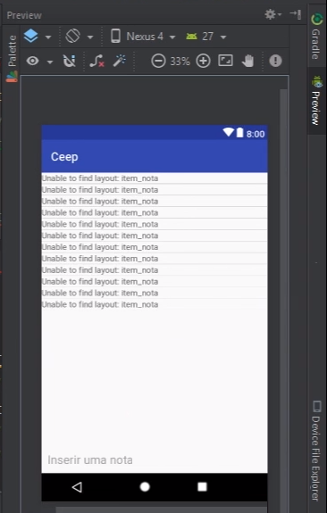 Preview com o título Ceep no topo e, abaixo, 12 vezes o texto "Unable to find layout: item_nota".