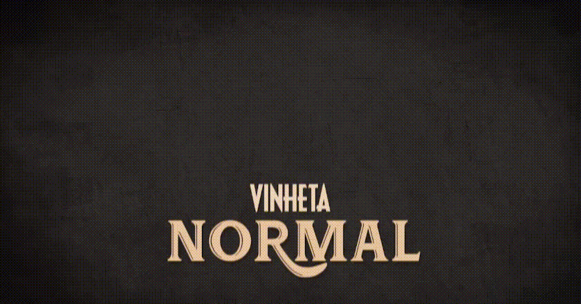 Vinheta 2D, com o texto "Vinheta Normal" em amarelo, subindo e parando no centro, onde aumenta de tamanho na tela de fundo preto.