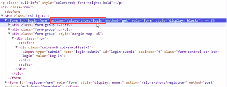 contéudo da inspeção do html, action="/alura-shows/login"