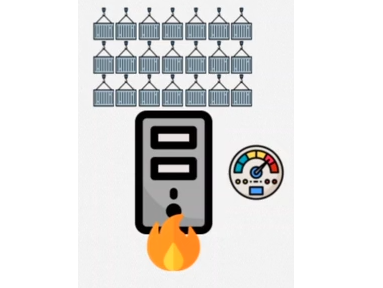 Conjunto de três linhas em sequência vertical, contendo sete containers cada uma em cima de uma máquina pegando fogo, ao lado de um medidor de ponteiro no valor máximo.